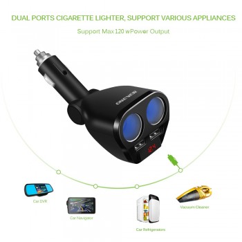 120W Car Power Adapter Cigarette Lighter Socket Splitter Hub With Dual USB Charger 5V/3.4A For IPhone IPad Car DVR Kits