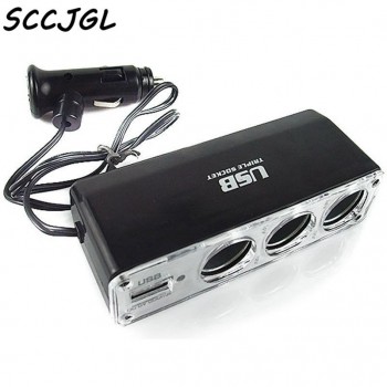 High Quality 3 Way Car Cigarette Lighter Socket Splitter Charger Power Adapter DC+USB Port Plug 12V-24V Free Shipping