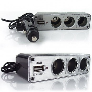 High Quality 3 Way Car Cigarette Lighter Socket Splitter Charger Power Adapter DC+USB Port Plug 12V-24V Free Shipping