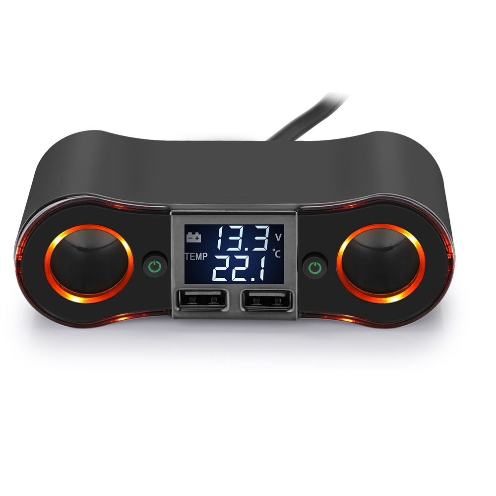 Onever Car Power Adapter Cigarette Lighter Socket Splitter Support Dual USB Charge LED Display Voltage Temperature for DVR Phone