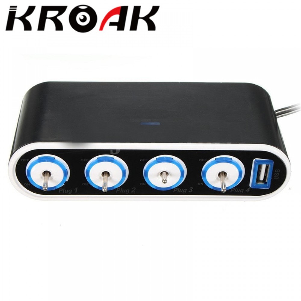 KROAK 4 Way Car Power Adapter Cigarette Lighter Socket Splitter Charger 12V/24V USB+LED Light Switch