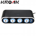 KROAK 4 Way Car Power Adapter Cigarette Lighter Socket Splitter Charger 12V/24V USB+LED Light Switch