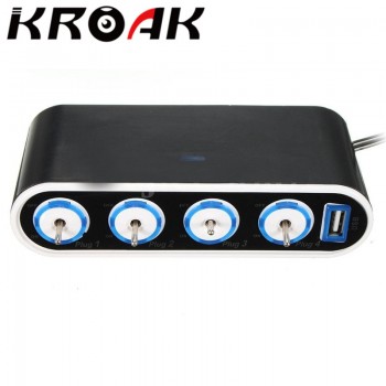 KROAK 4 Way Car Power Adapter Cigarette Lighter Socket Splitter Charger 12V/24V USB+LED Light Switch