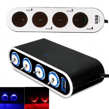 KROAK 4 Way Car Power Adapter Cigarette Lighter Socket Splitter Charger 12V/24V USB+LED Light Switch