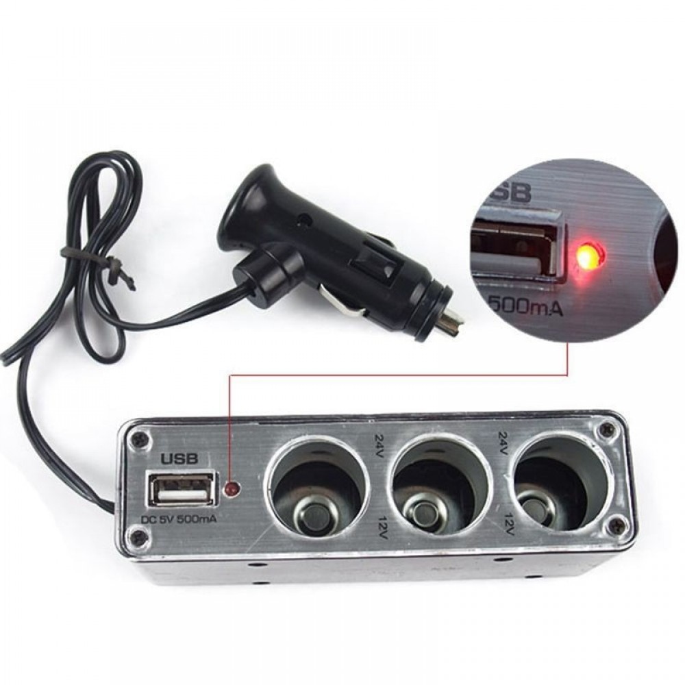 High Quality 3 Way Car Cigarette Lighter Socket Splitter Charger Power Adapter DC+USB Port Plug 12V-24V