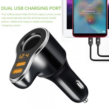 Onever Cigarette Lighter Socket 3.1A Dual USB Car Charger Adapter with Volmeter Support Smart Fast Charge DC 12-24V splitter