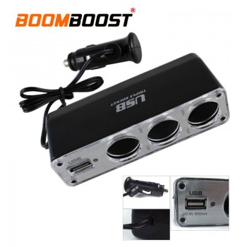 Charger Power Adapter Plug DC 12V Triple socket with one USB  Car Cigarette Lighter 3 Way Auto Socket Splitter 12V