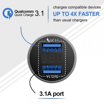 12V Aluminum Alloy Charger Adapter 3.1A Digital LED Voltage Display Dual USB Port Fast Car Charging Fit for iPhone X/8/7/6s/Plus