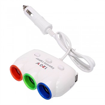Lighter Splitter 12V-24V 120W Three Way Car Cigarette Lighter Adapter with Independent Switch Auto 5V/2.1A Dual USB Car Charger