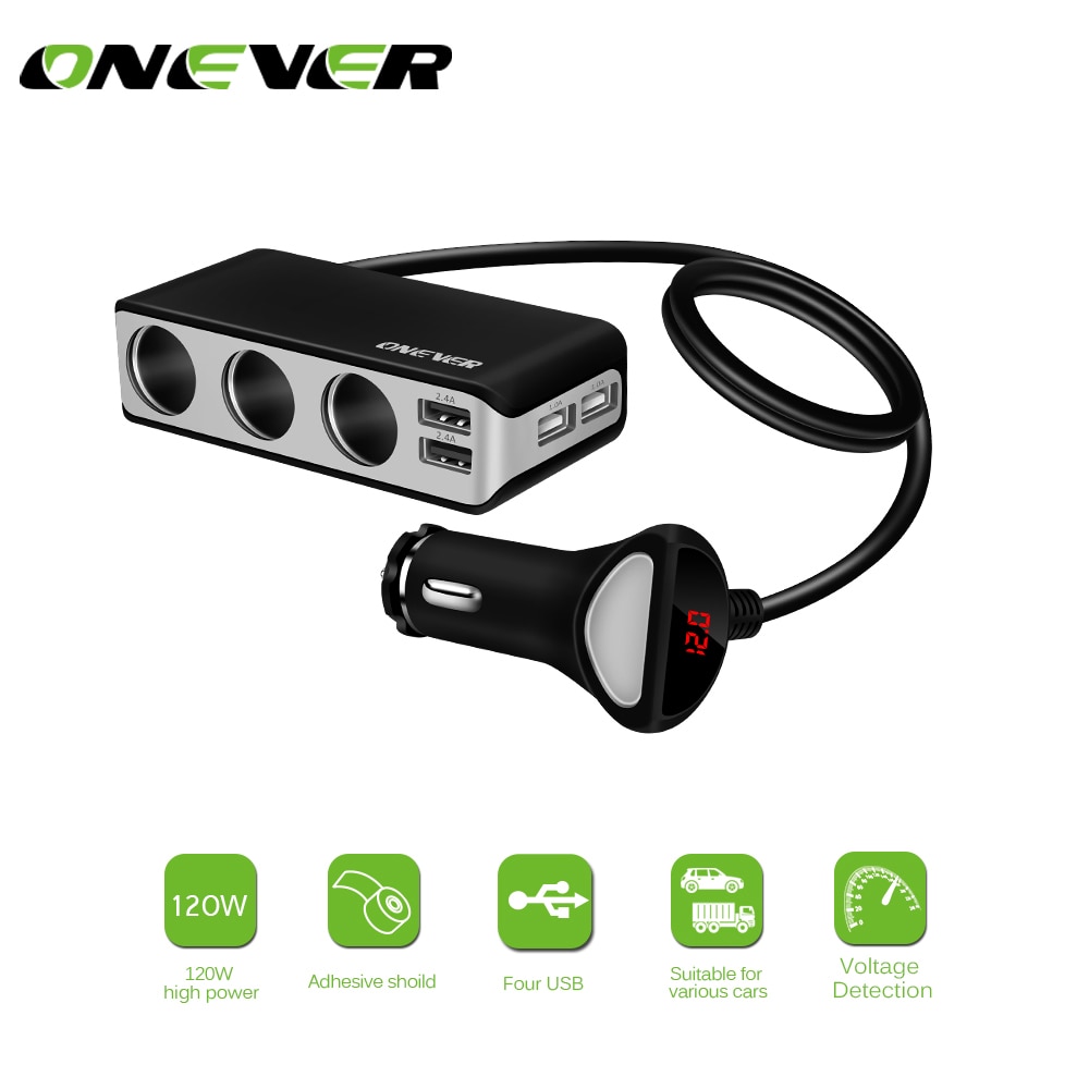 4 USB Port 3 Way power adapter Car Cigarette Lighter Socket Splitter DC 12~24V Cigarette Lighter Socket Black for iPhone Samsung