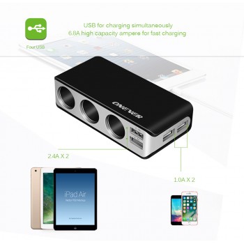 4 USB Port 3 Way power adapter Car Cigarette Lighter Socket Splitter DC 12~24V Cigarette Lighter Socket Black for iPhone Samsung