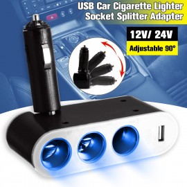 KROAK 3 Way Auto Socket Adapter Splitter USB Port Charger DC 12V 24V Car Cigarette Lighter