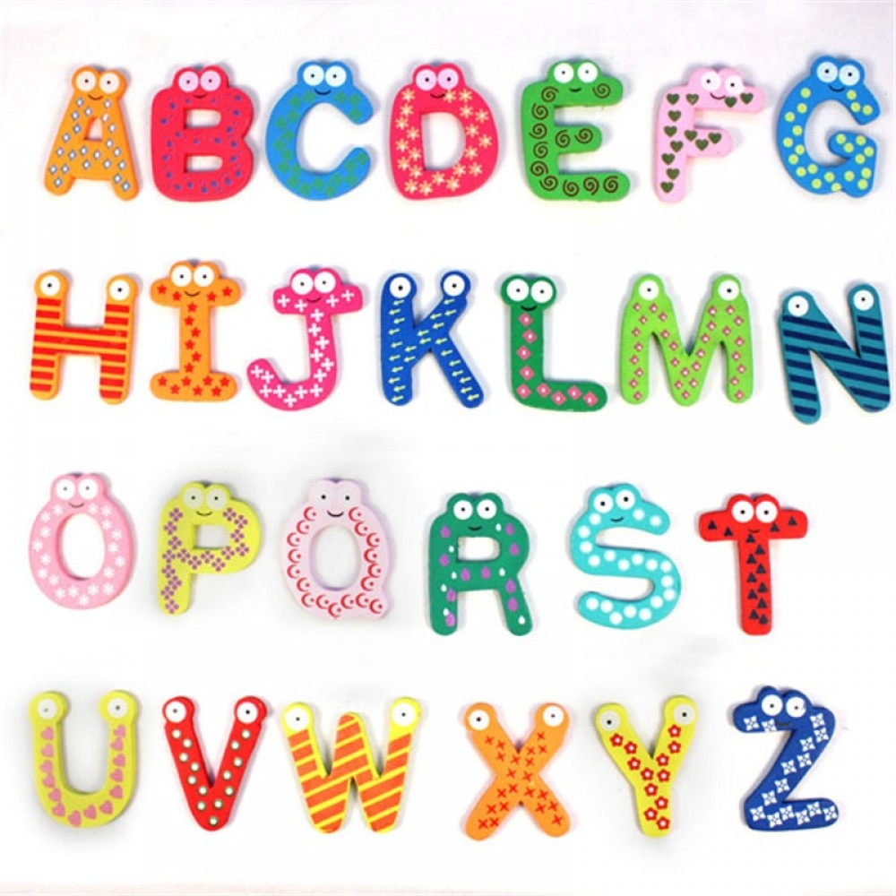 Free Shipping 2016 Hot Sale New Kids Toys 26pcs/set Wooden Cartoon Alphabet ABC~XYZ Magnets Child Educational Wooden Toy Gift