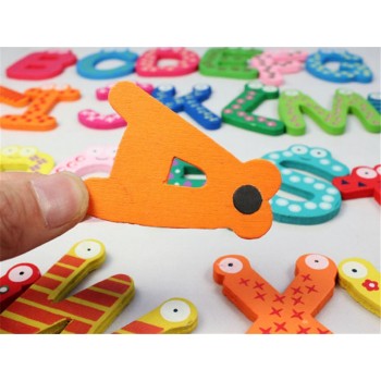 Free Shipping 2016 Hot Sale New Kids Toys 26pcs/set Wooden Cartoon Alphabet ABC~XYZ Magnets Child Educational Wooden Toy Gift
