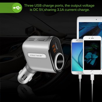 Onever 3 Ports USB Car Charger Car Cigarette Lighter Socket Splitter 5V 3.1A 12V-24V Max 80W Power Adapter with Voltage Display