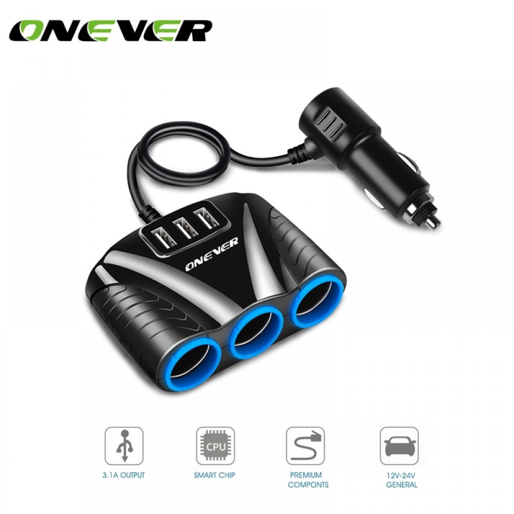 Onever 1 to 3 Car Cigarette Lighter Socket Splitter Hub Power Adapter 12V-24V with 3 USB 5V/3.1A for iPhone iPad Samsung