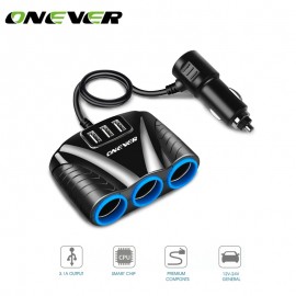 Onever 1 to 3 Car Cigarette Lighter Socket Splitter Hub Power Adapter 12V-24V with 3 USB 5V/3.1A for iPhone iPad Samsung