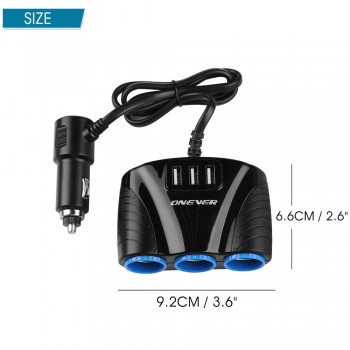 Onever 1 to 3 Car Cigarette Lighter Socket Splitter Hub Power Adapter 12V-24V with 3 USB 5V/3.1A for iPhone iPad Samsung