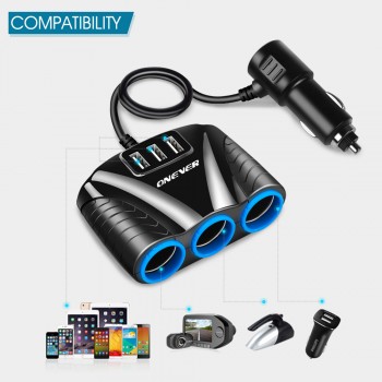 Onever 1 to 3 Car Cigarette Lighter Socket Splitter Hub Power Adapter 12V-24V with 3 USB 5V/3.1A for iPhone iPad Samsung