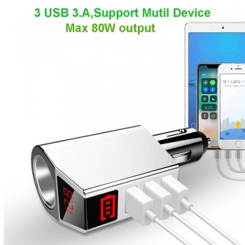 3 USB Car Charger 12V 24V 80W Power Output Cigarette Lighter Socket with 2 Digital LED Display for iPhone IOS Android Phones