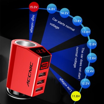 3 USB Car Charger 12V 24V 80W Power Output Cigarette Lighter Socket with 2 Digital LED Display for iPhone IOS Android Phones
