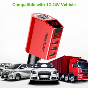 3 USB Car Charger 12V 24V 80W Power Output Cigarette Lighter Socket with 2 Digital LED Display for iPhone IOS Android Phones