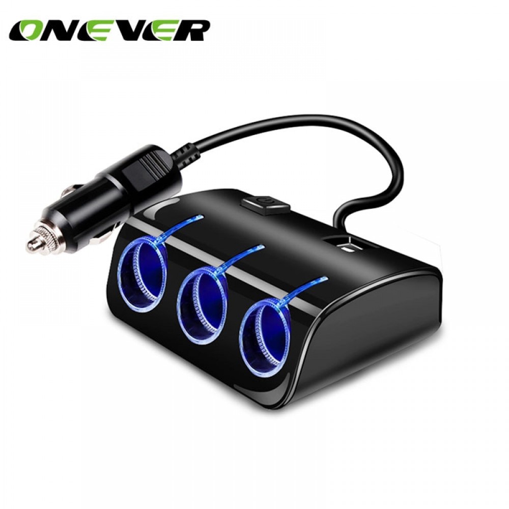 Onever 1 to 3 Car Cigarette Lighter with Dual USB Splitter Hub 12V/24V with Switch LED 5V/1.2A Three Socket Car Power Adapter