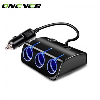 Onever 1 to 3 Car Cigarette Lighter with Dual USB Splitter Hub 12V/24V with Switch LED 5V/1.2A Three Socket Car Power Adapter