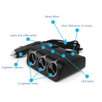 Onever 1 to 3 Car Cigarette Lighter with Dual USB Splitter Hub 12V/24V with Switch LED 5V/1.2A Three Socket Car Power Adapter