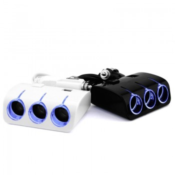 Onever 1 to 3 Car Cigarette Lighter with Dual USB Splitter Hub 12V/24V with Switch LED 5V/1.2A Three Socket Car Power Adapter