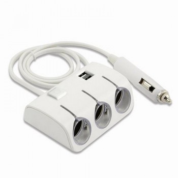 Onever 1 to 3 Car Cigarette Lighter with Dual USB Splitter Hub 12V/24V with Switch LED 5V/1.2A Three Socket Car Power Adapter