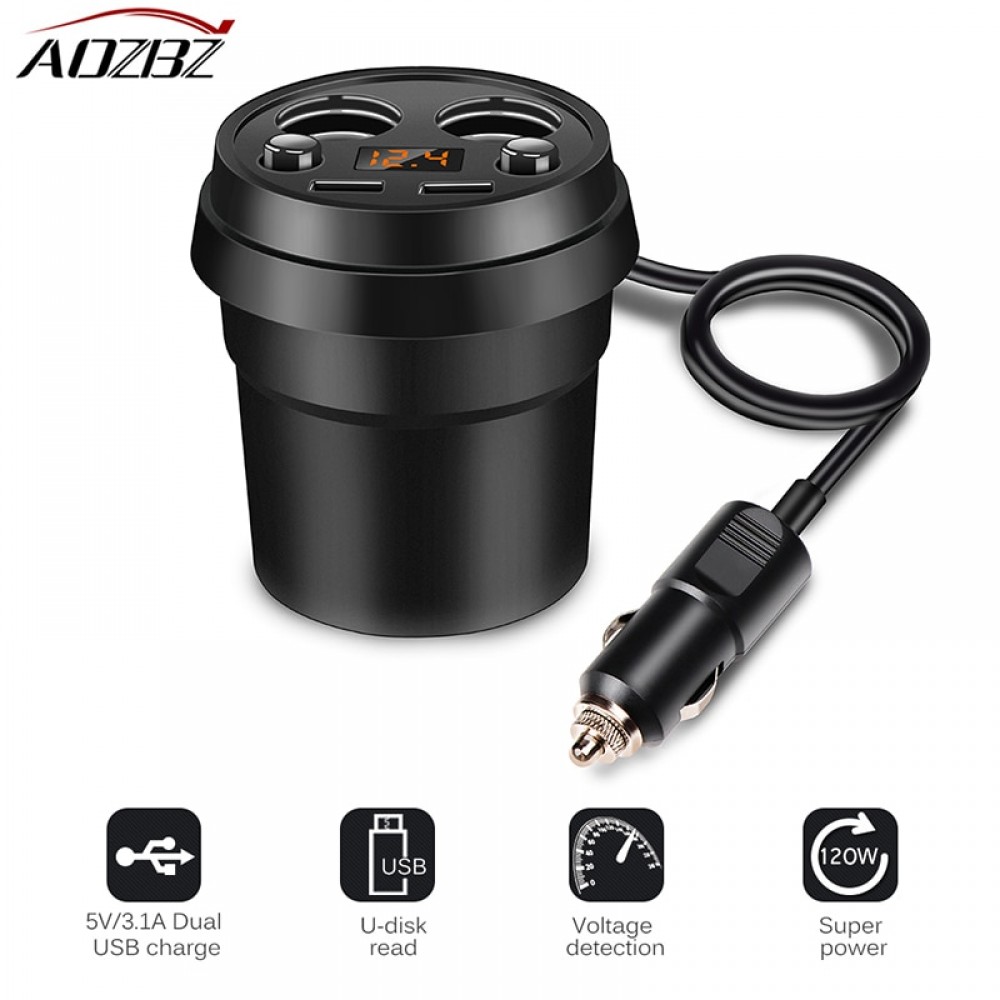 Car Charger Adapter 2 Cigarette Lighter Socket USB Dual Cup Holder Type Smart Fast Charge Volmeter Current SAST