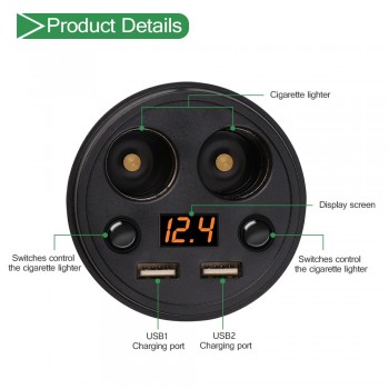 Car Charger Adapter 2 Cigarette Lighter Socket USB Dual Cup Holder Type Smart Fast Charge Volmeter Current SAST