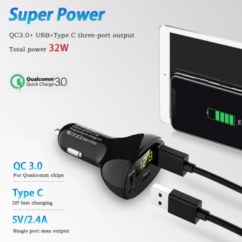 Car Dual USB Cigarette Lighter Type C QC 3.0 Charger 5V LED Display Adapter Splitter Auto Charge Socket Electronic Accessories