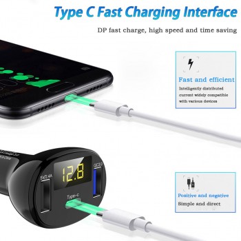 Car Dual USB Cigarette Lighter Type C QC 3.0 Charger 5V LED Display Adapter Splitter Auto Charge Socket Electronic Accessories