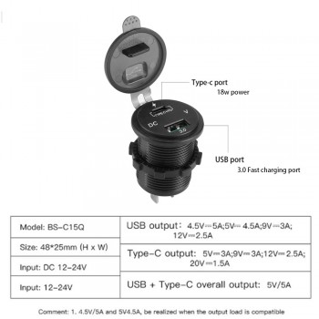 36W Car USB Charger Hub Adapter Quick Charge QC3.0 5V Type-C PD Fast Charger with Voltmeter 12-24V