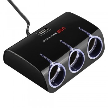 Blue LED Car Multifunctional 3 Sockets Cigarette Lighter with USB Charging Port Splitter Hub Power Adapter for 12V-24V vehicles