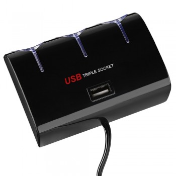 Blue LED Car Multifunctional 3 Sockets Cigarette Lighter with USB Charging Port Splitter Hub Power Adapter for 12V-24V vehicles