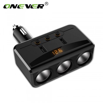 3 Way 100W Cigarette Lighter Socket Splitter 3.1A Dual USB Car Charger Adapter with Independent Switches and Voltmeter LCD
