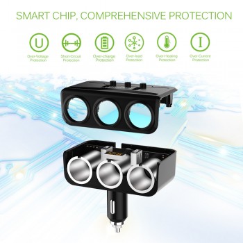 3 Way 100W Cigarette Lighter Socket Splitter 3.1A Dual USB Car Charger Adapter with Independent Switches and Voltmeter LCD