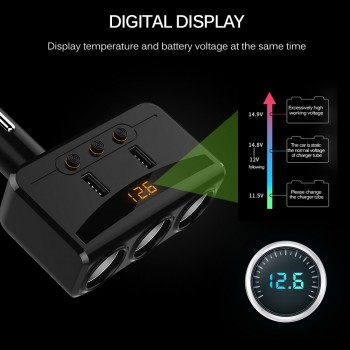 3 Way 100W Cigarette Lighter Socket Splitter 3.1A Dual USB Car Charger Adapter with Independent Switches and Voltmeter LCD