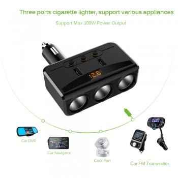 3 Way 100W Cigarette Lighter Socket Splitter 3.1A Dual USB Car Charger Adapter with Independent Switches and Voltmeter LCD
