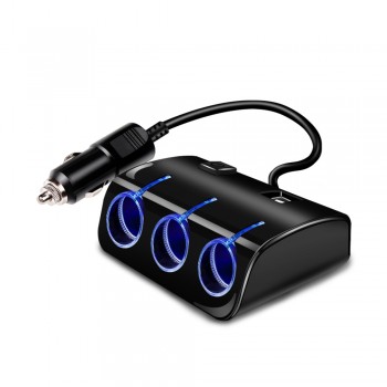 Onever  1 Piece  Dual USB Ports And Three Cigarette Lighter Charger 12v Car Cigar Lighter Three Socket Car Charger With  Switch
