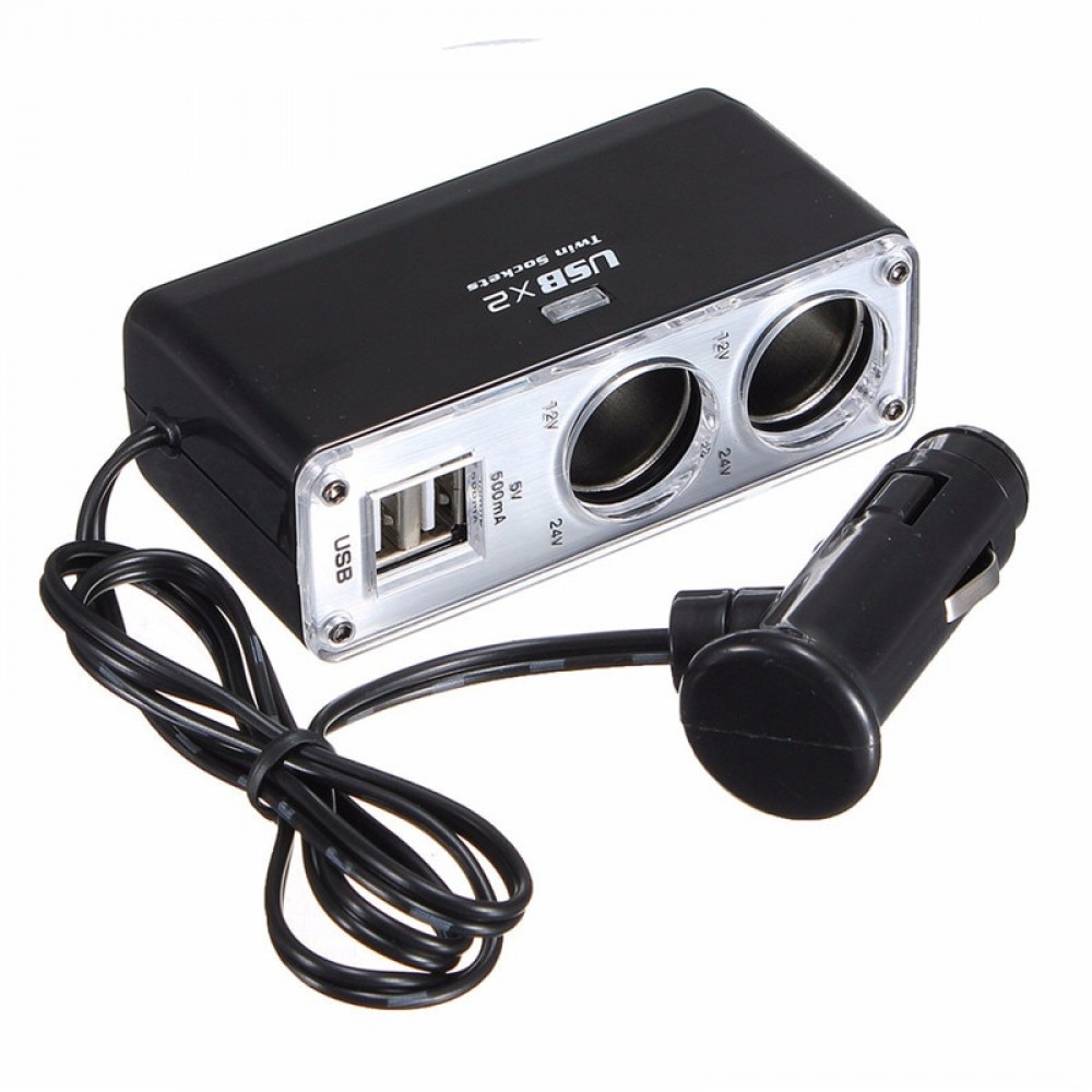 USB 2 Port 2 Way Car Power Cigarette Lighter Socket Splitter Adapter Charger DC 12~24V Cigarette Lighter Socket Black