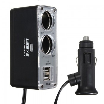 USB 2 Port 2 Way Car Power Cigarette Lighter Socket Splitter Adapter Charger DC 12~24V Cigarette Lighter Socket Black