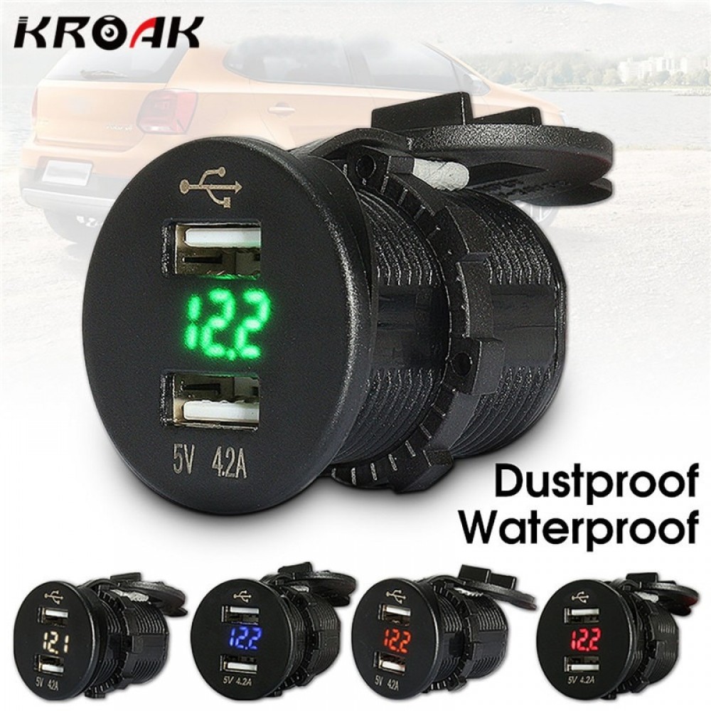 LED 5V 4.2A Dual USB Car Charger Lighter Socket Heat Resistance Plastic Car Cigarette Lighter Voltmeter 12/24V 5 Colors