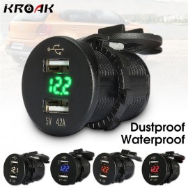 LED 5V 4.2A Dual USB Car Charger Lighter Socket Heat Resistance Plastic Car Cigarette Lighter Voltmeter 12/24V 5 Colors