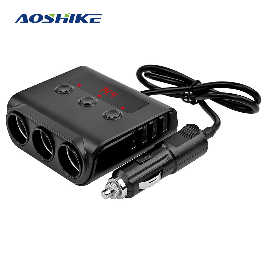 AOSHIKE 3 Way Car Cigarette Lighter Adapter 12V-24V Socket Splitter Plug LED 4 USB Charger Adapter 2.4A 100W For Phone MP3 DVR