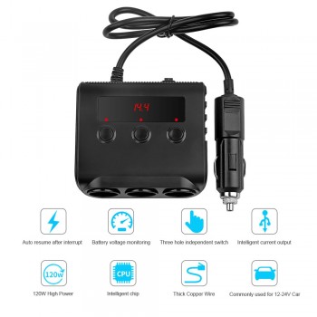 AOSHIKE 3 Way Car Cigarette Lighter Adapter 12V-24V Socket Splitter Plug LED 4 USB Charger Adapter 2.4A 100W For Phone MP3 DVR