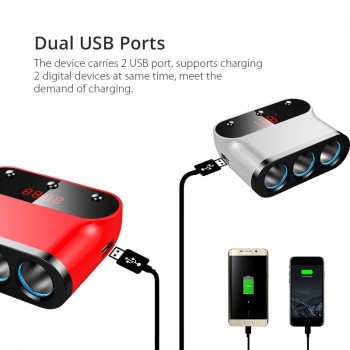 VANJEW C12 Car Cigarette Lighter 3 Way  Sockets Power Adapter 2 USB Ports Car Charger Splitter Lighters 5V 3.1A Output Power